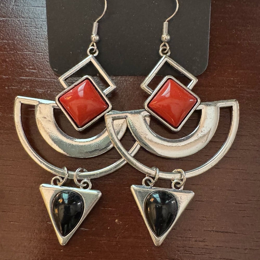 Geometric Silver and Red Earrings